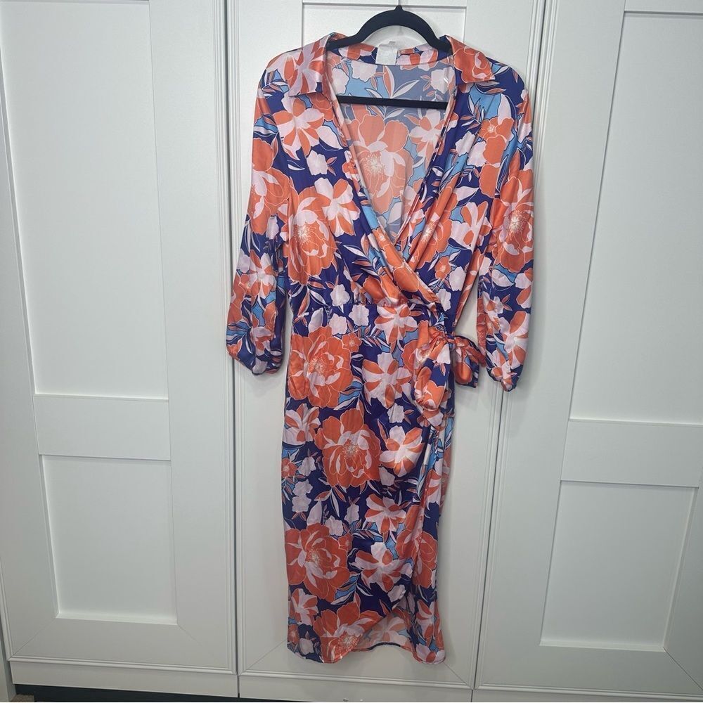 NAIF Large Floral Dress faux wrap in Blue and Orange (b1)